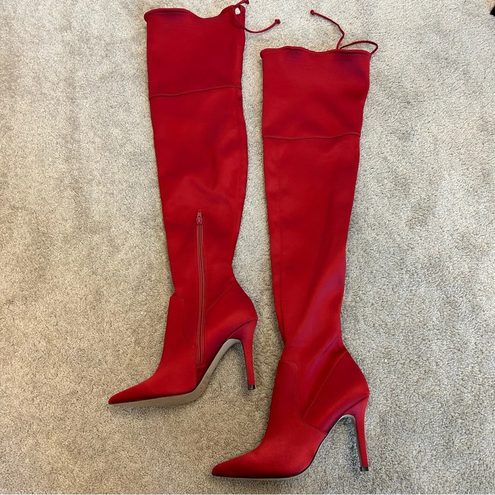 Aldo red satin stiletto thigh high over the knee high heel boots Sz 7